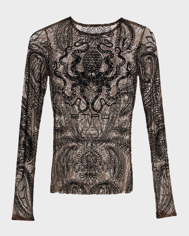 Paisley Embroidered Mesh Long-Sleeve Top